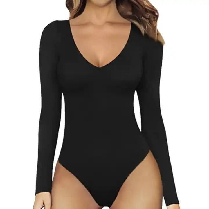 Single layer plain long sleeved V-neck thong jumpsuit